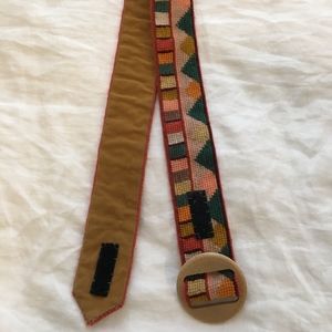 Embroidered Vintage 70s Belt with Wooden Buckle